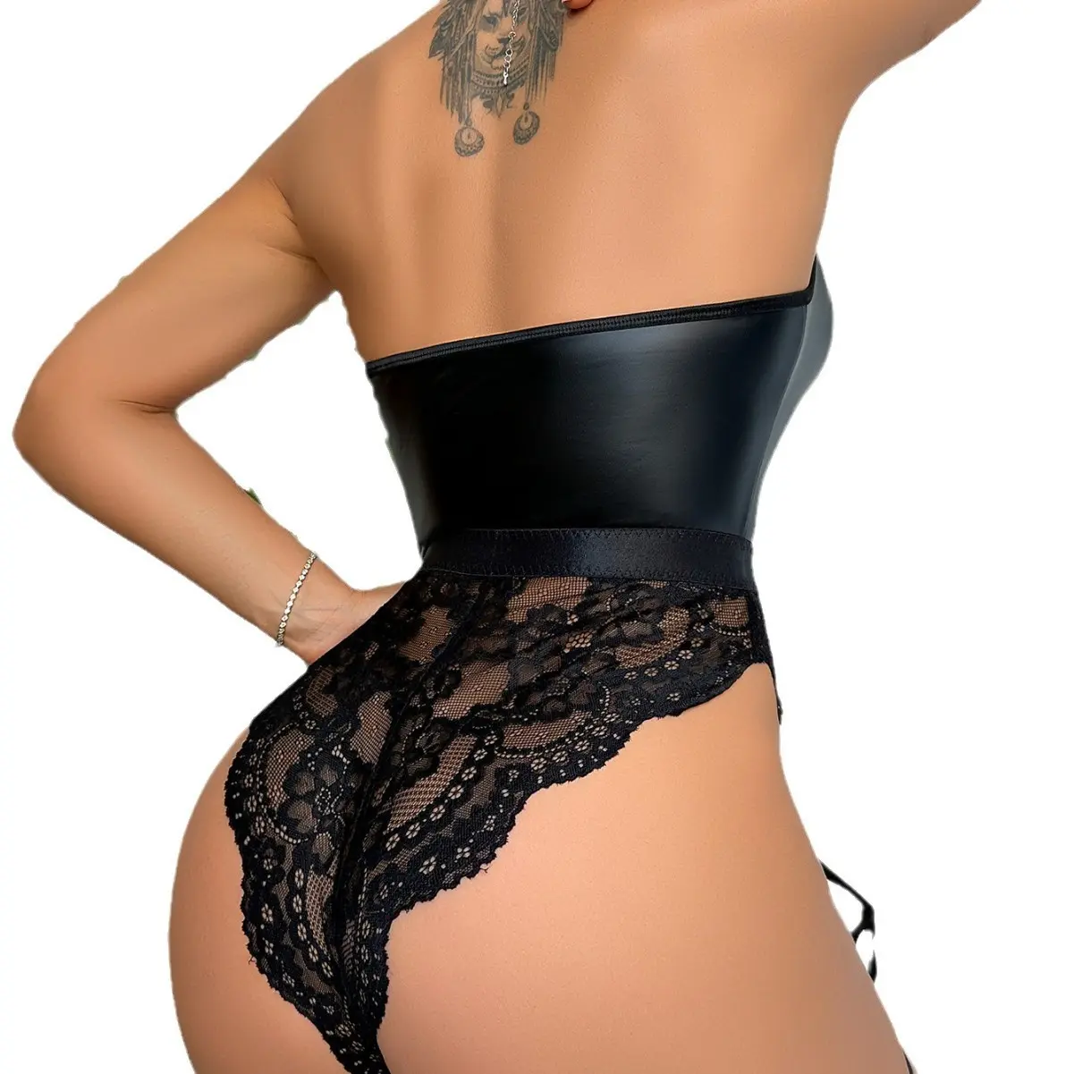 Women's PU Leather Lingerie Set Backless PU Leather Bodysuit Devil Horn Headband Choker Wrist Cuffs Sleepwear Clubwear