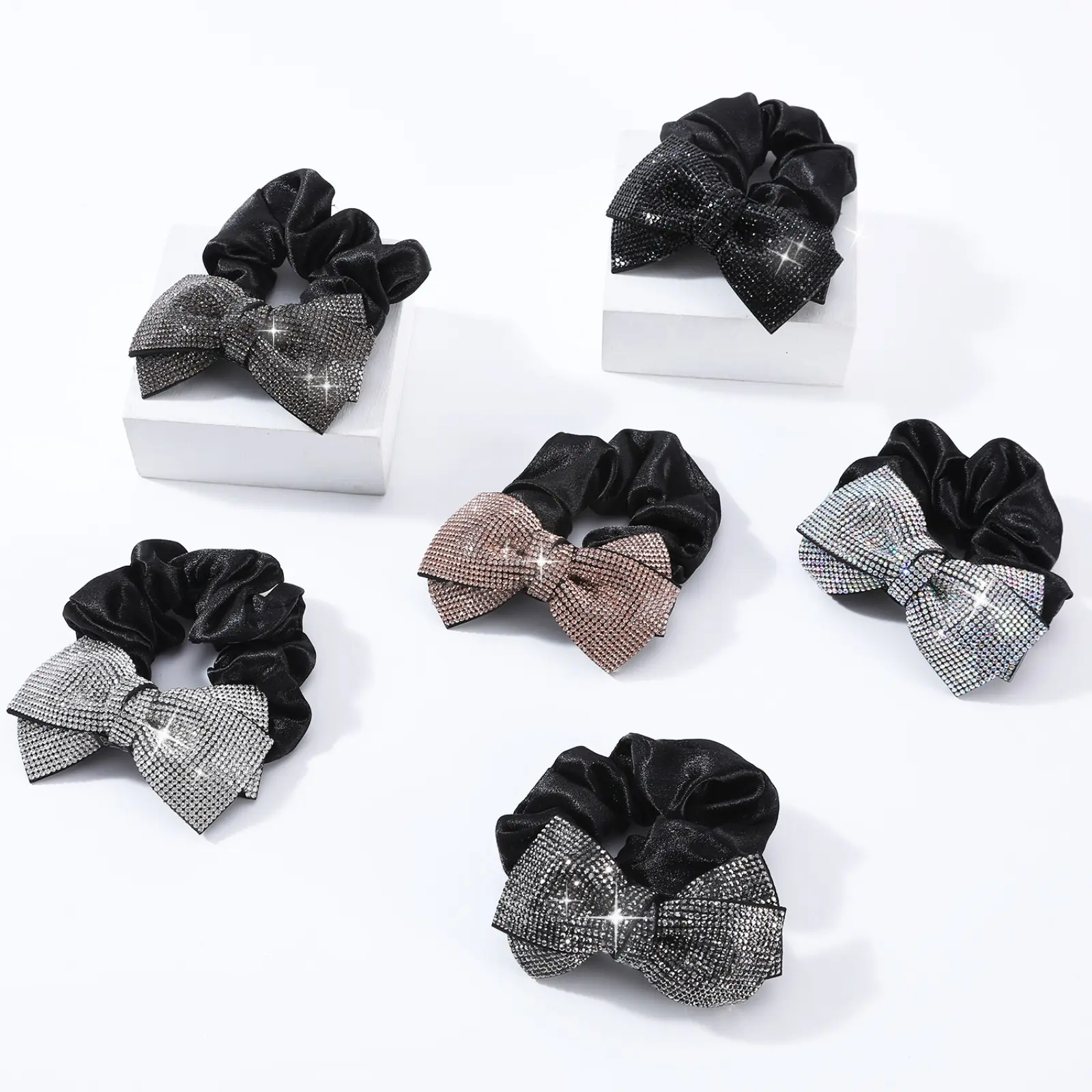 Sparkling rhinestone bow decoration with elastic hair bands and large intestine hair rings suitable for women and girls