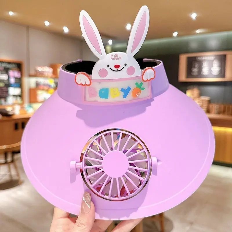 2-14 Years Old New Rabbit Ear Fan Girls and Boys Outdoor Empty Top Hat for Children's Sunshade and Sunscreen Hat with Fan Summer