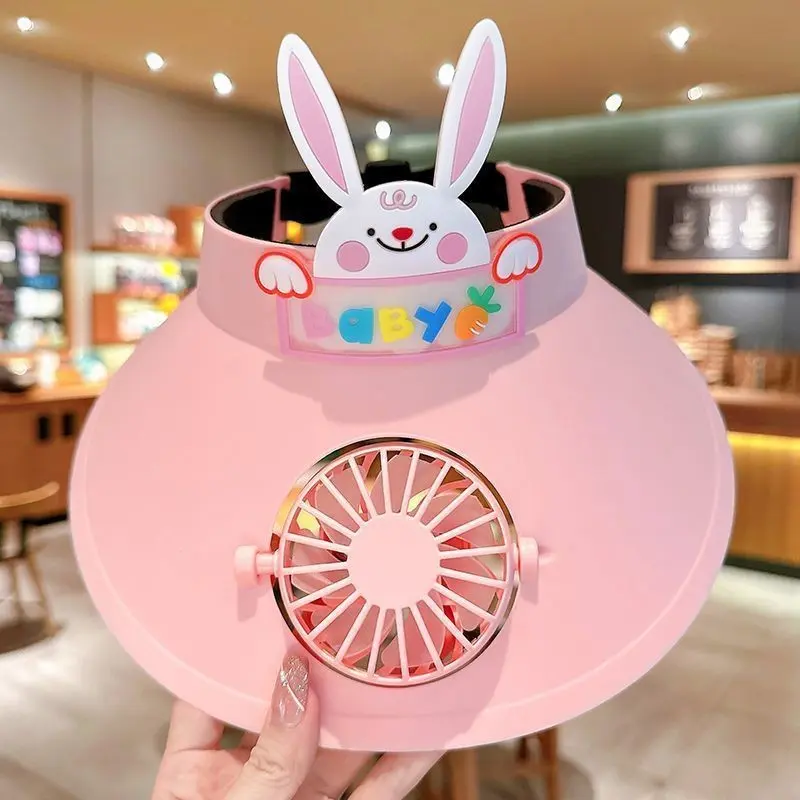 2-14 Years Old New Rabbit Ear Fan Girls and Boys Outdoor Empty Top Hat for Children's Sunshade and Sunscreen Hat with Fan Summer