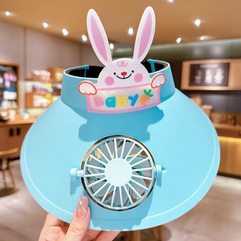 2-14 Years Old New Rabbit Ear Fan Girls and Boys Outdoor Empty Top Hat for Children's Sunshade and Sunscreen Hat with Fan Summer
