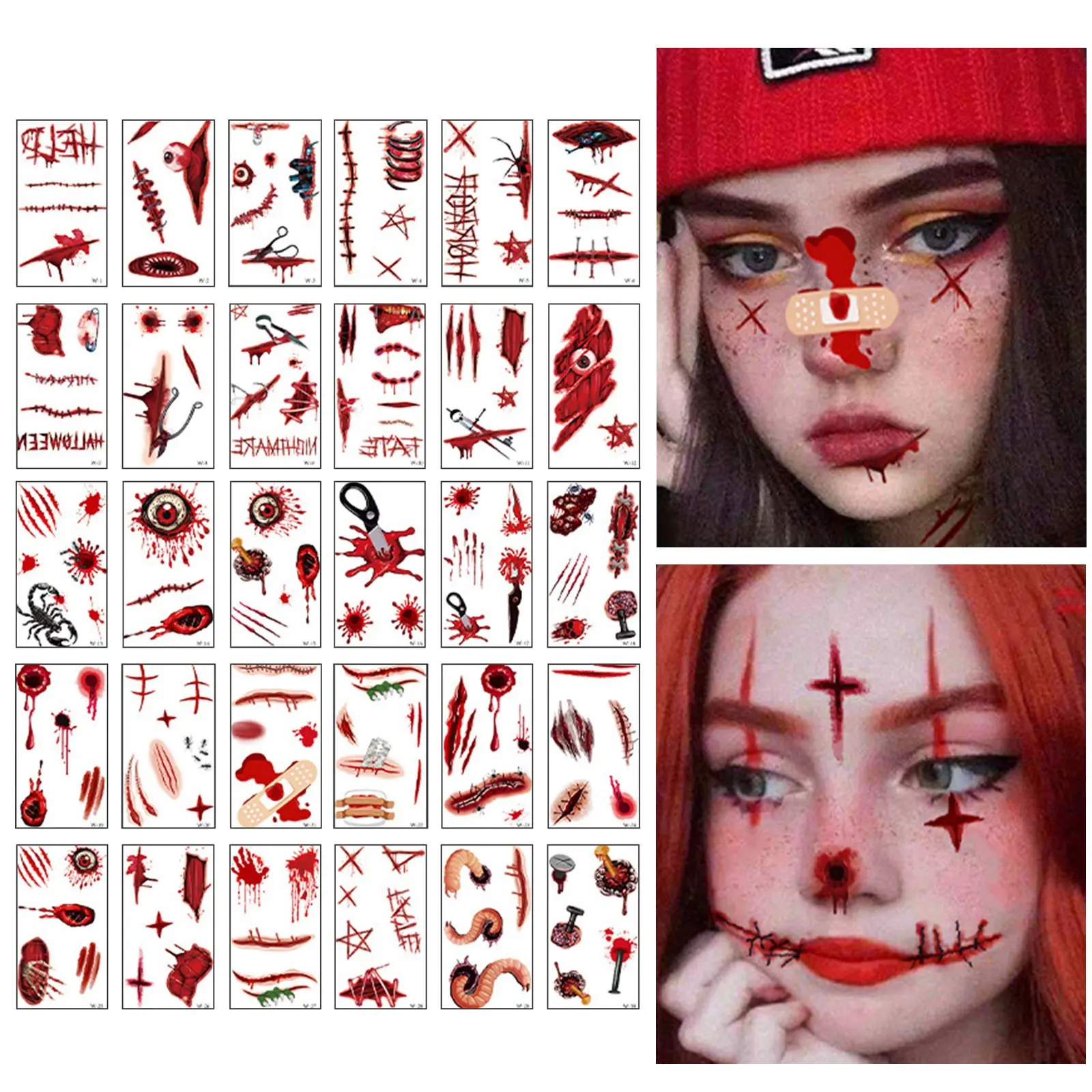 30Pcs Halloween Theme Bloody Wound Tattoo Stickers Waterproof Temporary Face Makeup Kids Party Favors Decoration