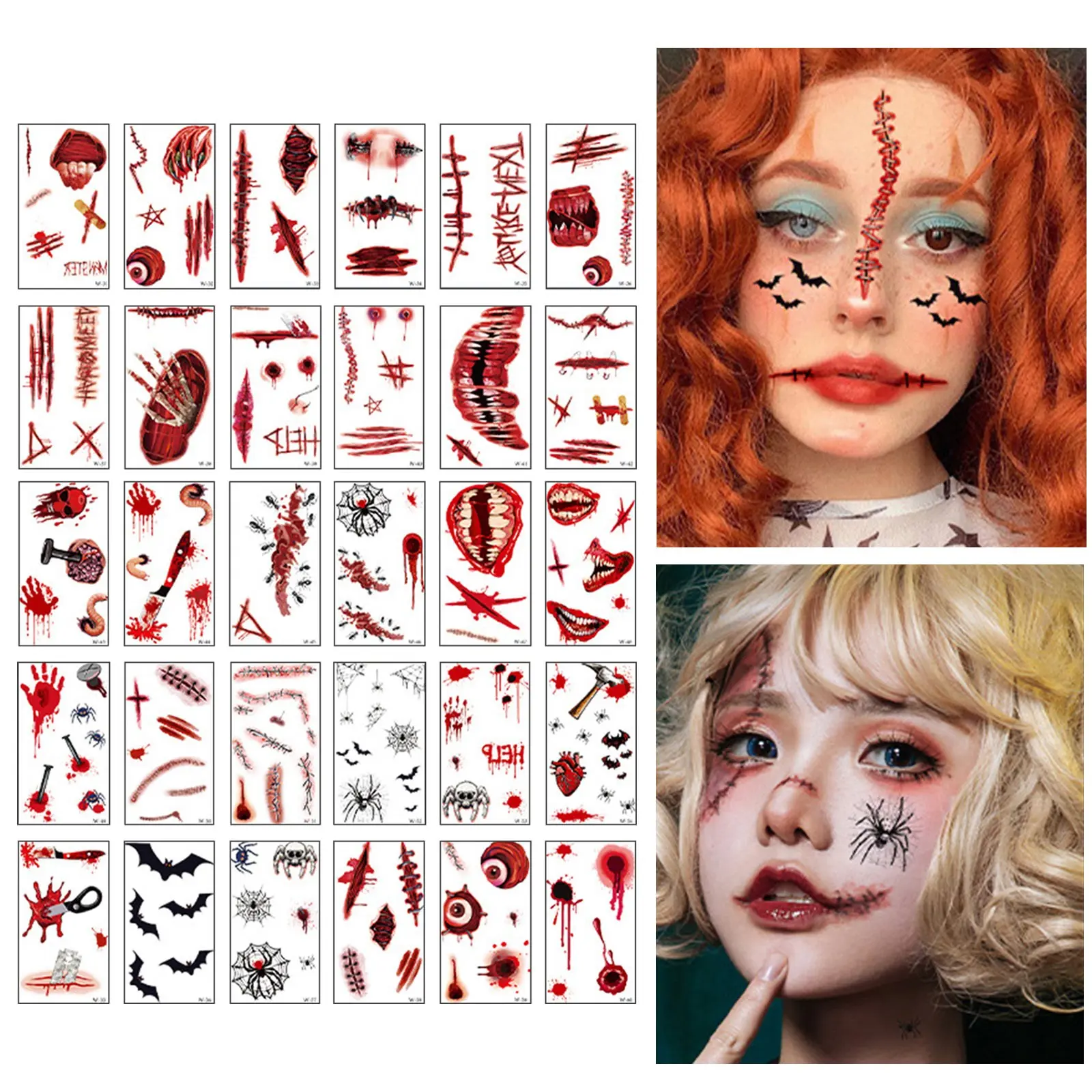 30Pcs Halloween Theme Bloody Wound Tattoo Stickers Waterproof Temporary Face Makeup Kids Party Favors Decoration