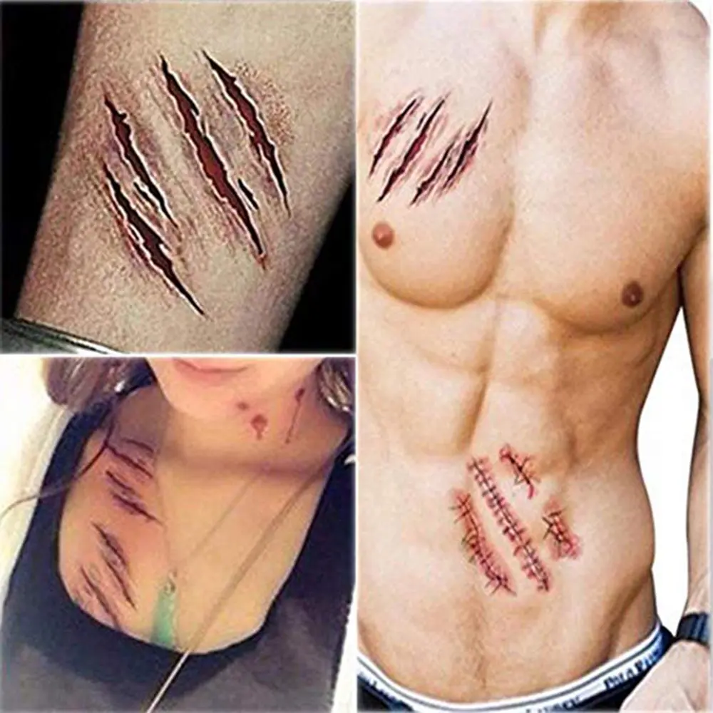 Halloween Temporary Tattoo Stickers Waterproof Lasting Realistic Horror Bloody Scar Wound Party DIY Body Art Decoration Stickers