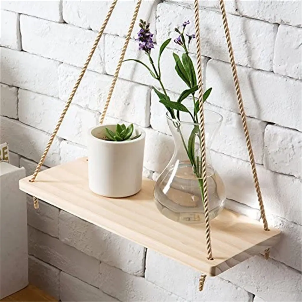 Premium Wood Swing Hanging Rope Wall Mounted Floating Shelves – Plant Flower Pot Indoor Outdoor Decoration Simple Design