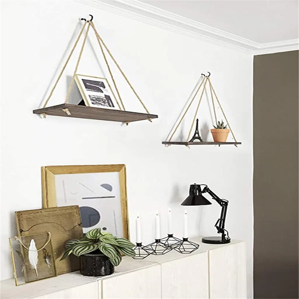 Premium Wood Swing Hanging Rope Wall Mounted Floating Shelves – Plant Flower Pot Indoor Outdoor Decoration Simple Design