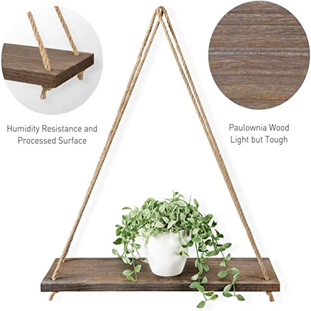 Premium Wood Swing Hanging Rope Wall Mounted Floating Shelves – Plant Flower Pot Indoor Outdoor Decoration Simple Design