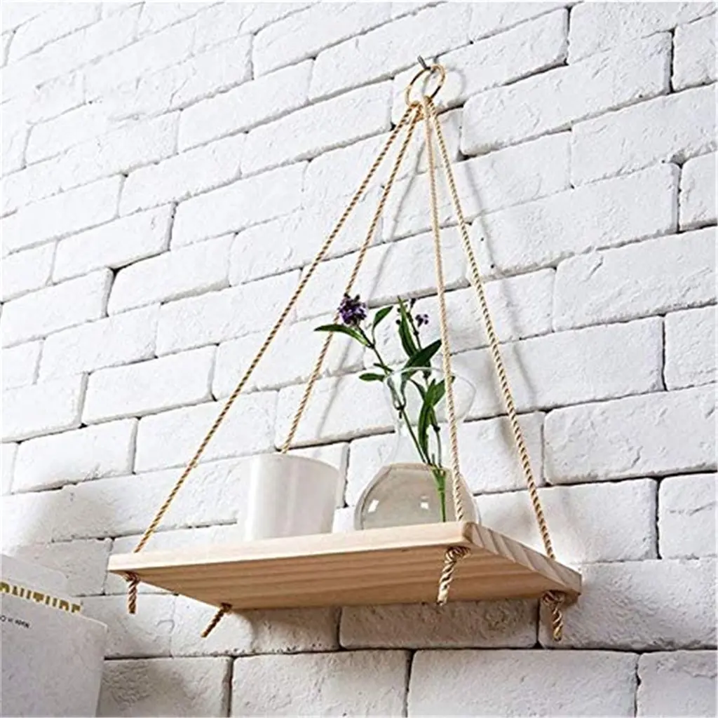 Premium Wood Swing Hanging Rope Wall Mounted Floating Shelves – Plant Flower Pot Indoor Outdoor Decoration Simple Design