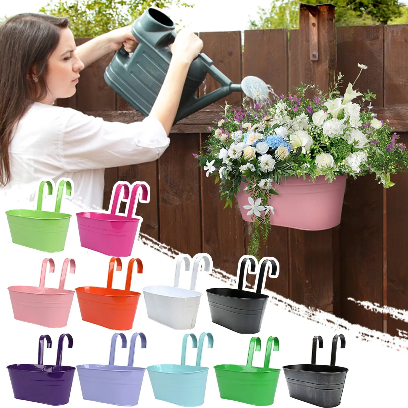 Metal Iron Hanging Flower Pots Balcony Planter with Detachable Hook, Durable Herb Pots Perfect for Fence Home Decor