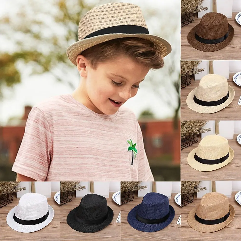 Children Kids Summer Beach Straw Hat Jazz Panama Breathable Hat Large Brim Outdoor Breathable Hats Girls Boy Sunhat