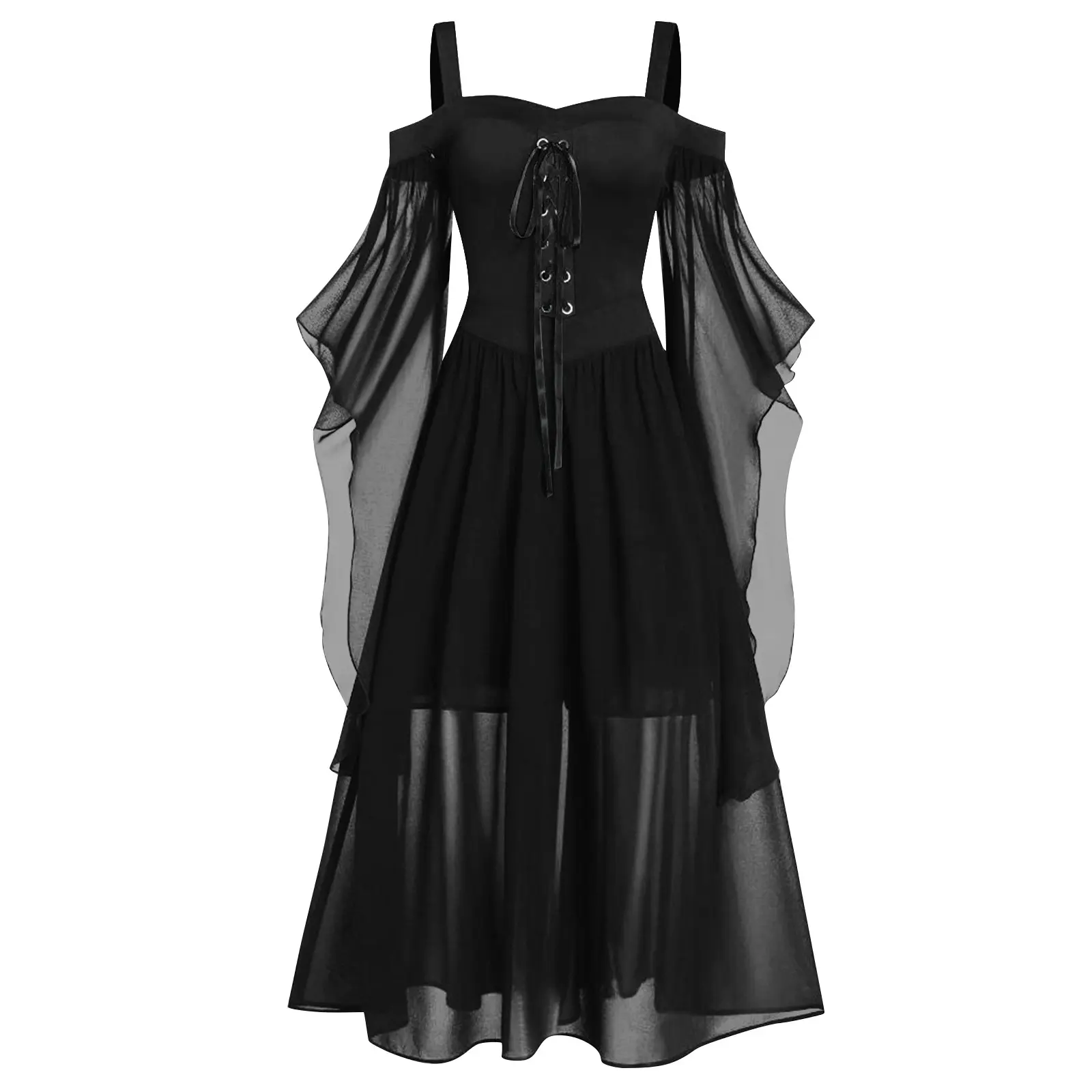 New Medieval Witch Dress For Women Halloween Carnival Women Plus Size Cold Shoulder Butterfly Sleeve Halloween Gothic Dress