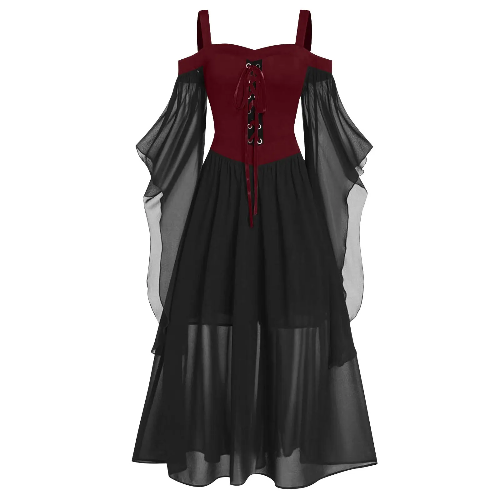 New Medieval Witch Dress For Women Halloween Carnival Women Plus Size Cold Shoulder Butterfly Sleeve Halloween Gothic Dress
