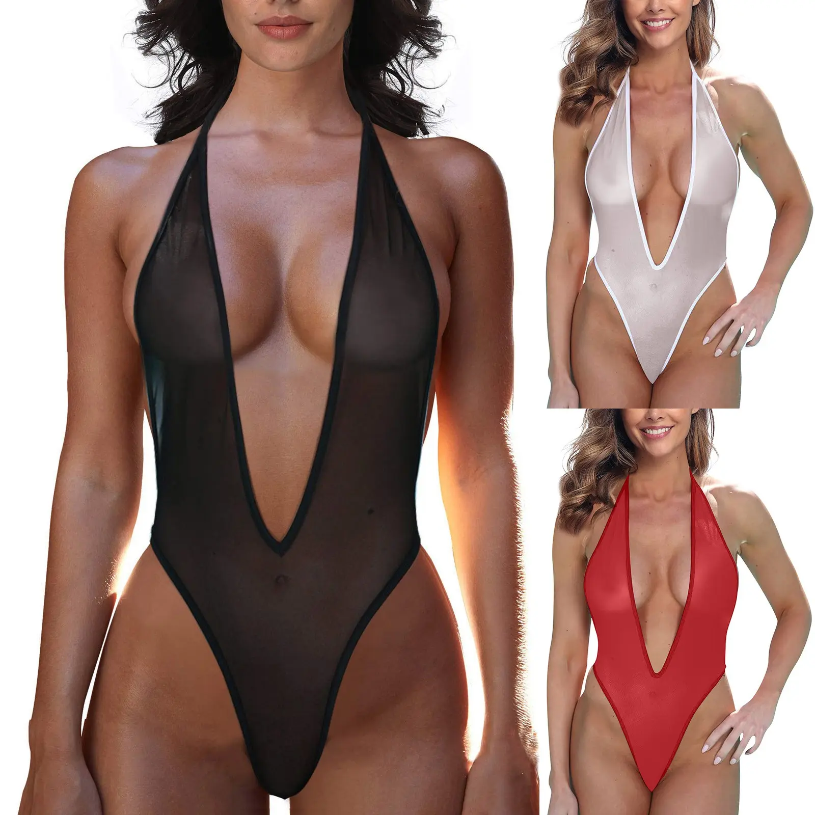 Sexy Woman Deep V Neck Bodysuit High Cut Bikini Jumpsuit One-Piece See-Through Backless Halter Bikini Swimsuit Erotic Lingerie