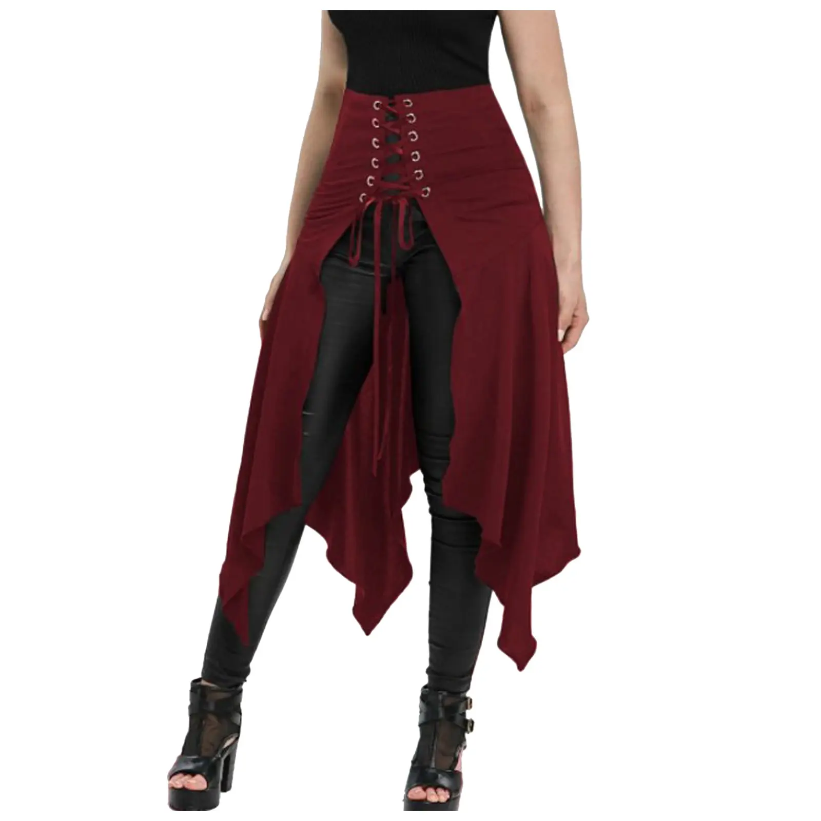 Gothic Skirt Black Medieval Vintage High Waist Skirt Lacing Irregular Umbrella Skirt Festival Steampunk Long Skirts For Women