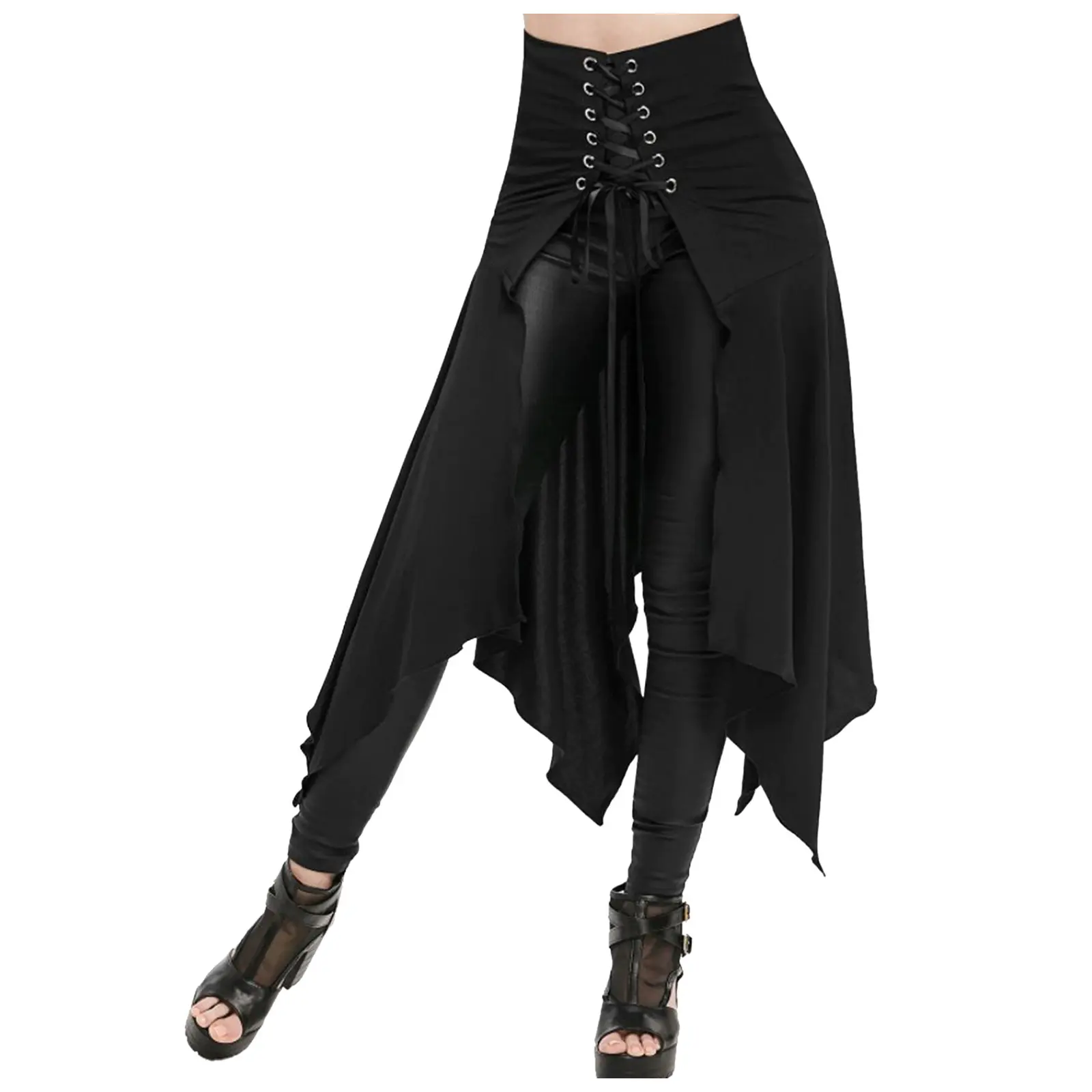 Gothic Skirt Black Medieval Vintage High Waist Skirt Lacing Irregular Umbrella Skirt Festival Steampunk Long Skirts For Women