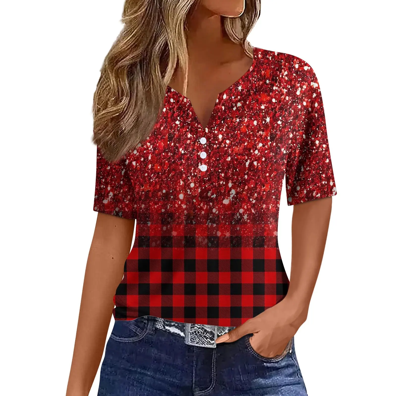 2024 Summer Patchwork T-Shirts Button Tops Womens Casual Short Sleeve Loose Ladies V-Neck Female Street Clothes Pullover