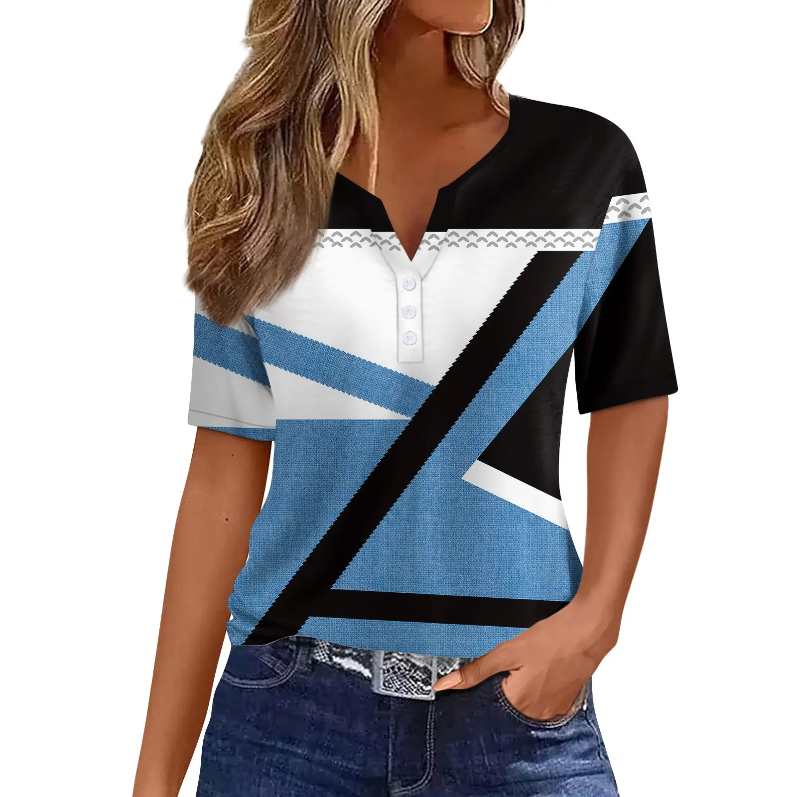 2024 Summer Patchwork T-Shirts Button Tops Womens Casual Short Sleeve Loose Ladies V-Neck Female Street Clothes Pullover