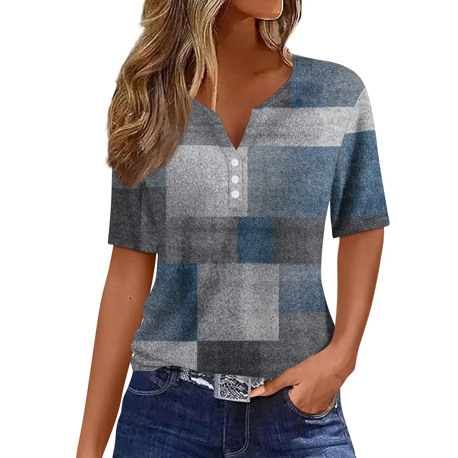 2024 Summer Patchwork T-Shirts Button Tops Womens Casual Short Sleeve Loose Ladies V-Neck Female Street Clothes Pullover