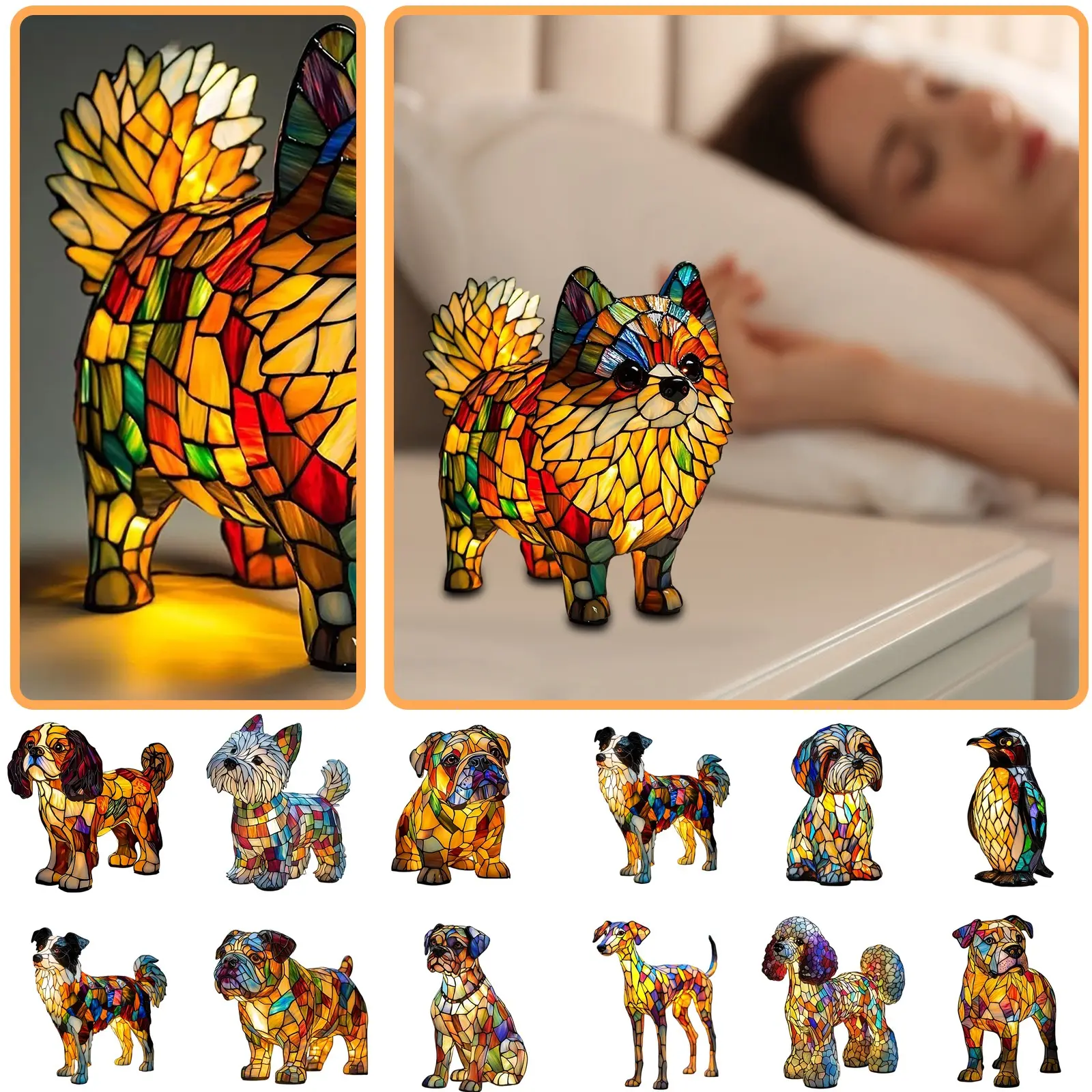 Colored Resin Animal LED light,Stained French Tabletop Night Light,Cute Pet Dog Themed LED Table Lamp,Cozy bedroom Ornaments