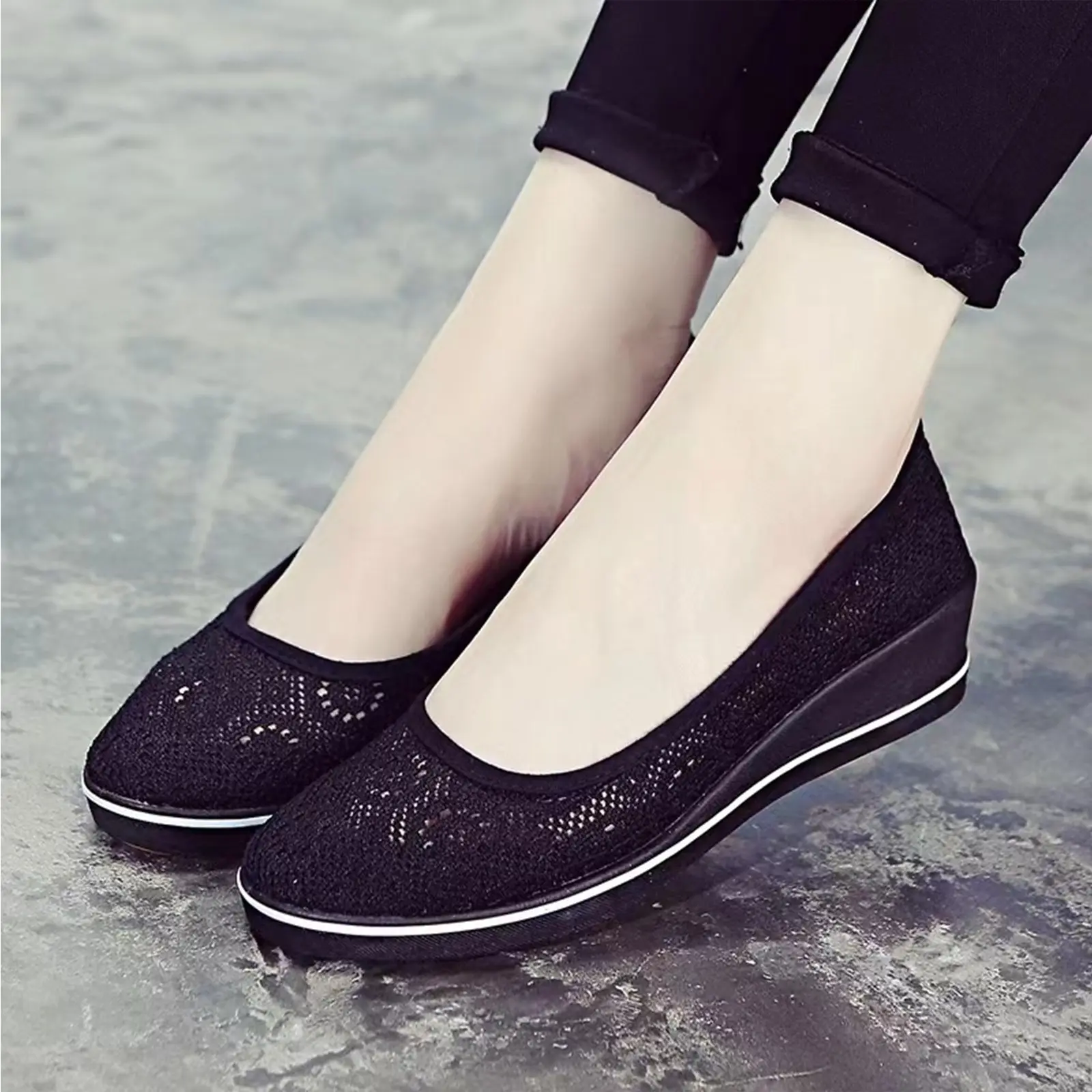 Women's Wedge Heel White Mesh Shoes Comfortable Non-slip Hollow Breathable All-match Work Beauty ShoesWhite Lace Hollow Breathab