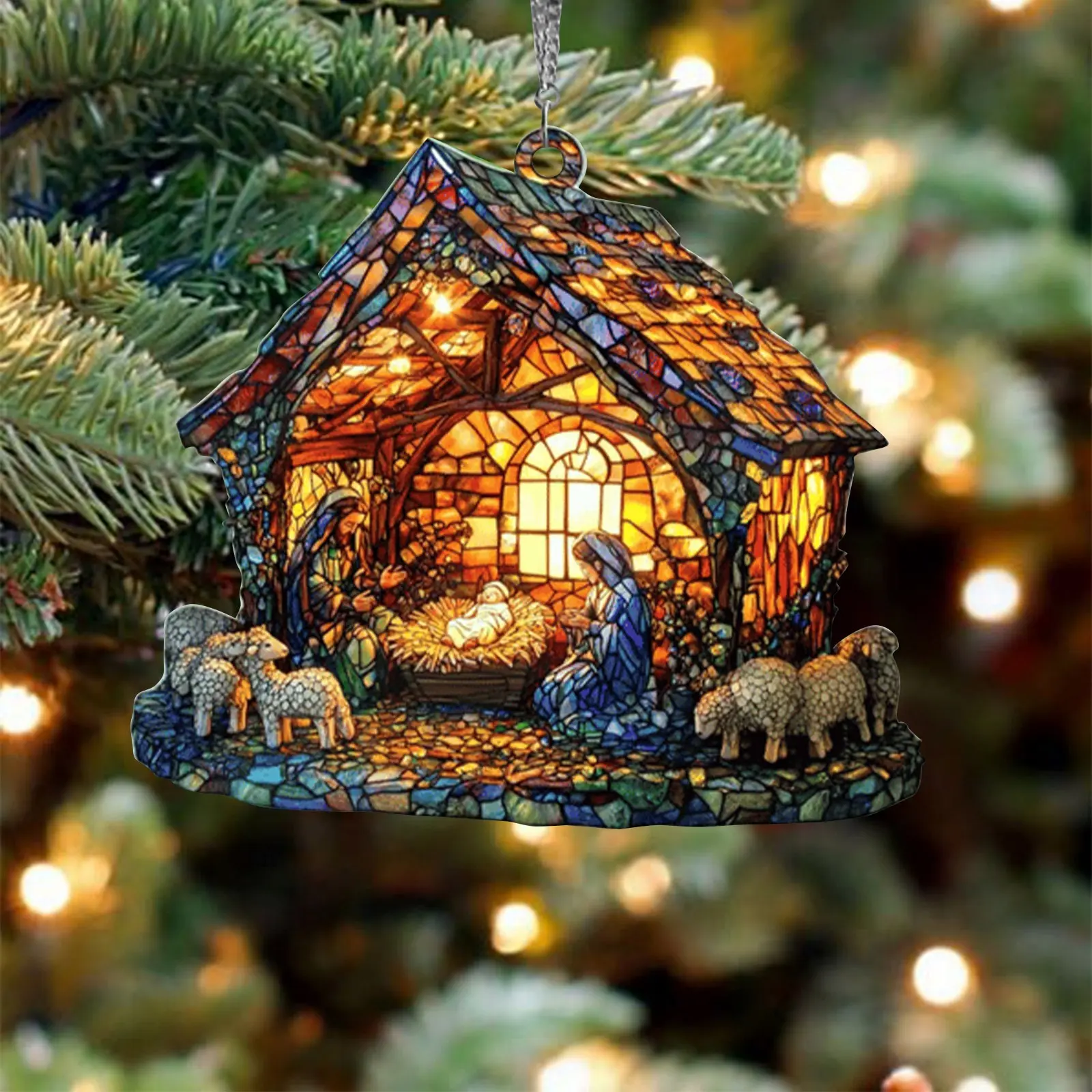 2D Handmade Sun Catcher Stained Acrylic Nativity Scene Suncatcher Window Hanging Ornament for Home Decor Christian for Family