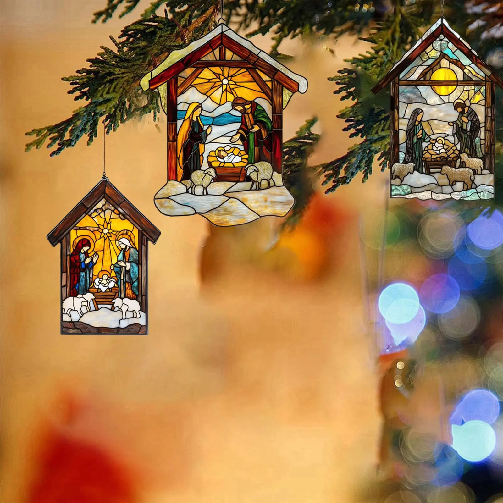 2D Handmade Sun Catcher Stained Acrylic Nativity Scene Suncatcher Window Hanging Ornament for Home Decor Christian for Family