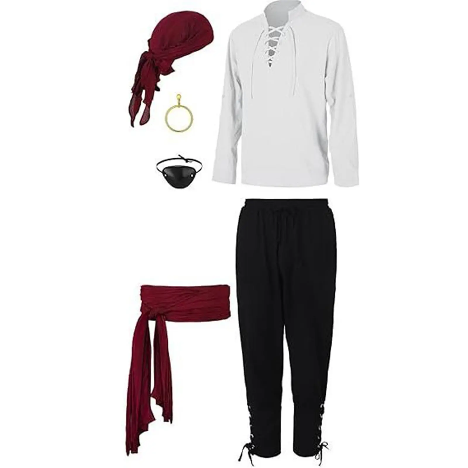 6Pcs Halloween Men's Renaissance Costume Set Medieval Pirate Knight Shirt Ankle Banded Pants Viking Belt Accessories