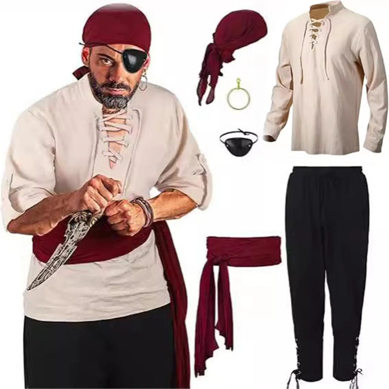 6Pcs Halloween Men's Renaissance Costume Set Medieval Pirate Knight Shirt Ankle Banded Pants Viking Belt Accessories