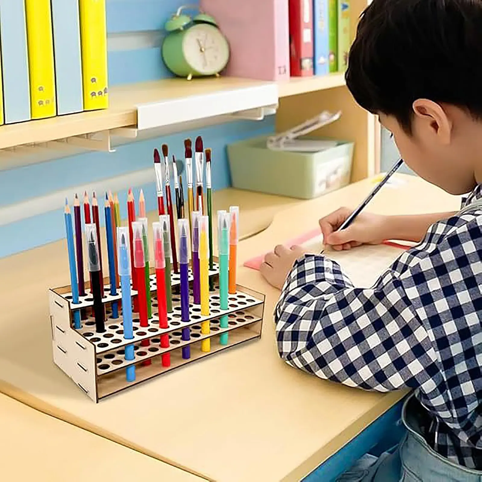 Wooden Frame Paint Brush Holder 75 Holes DIY Watercolor Brush Rack Household Saving Space Desk Organizer Colored Pencils