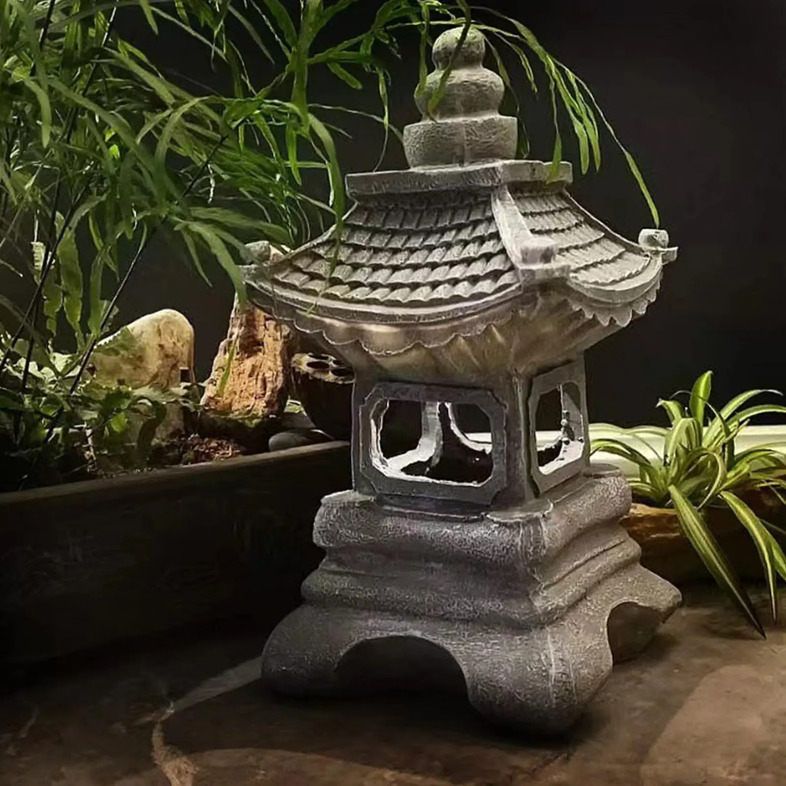 Pagoda Statues Outdoor Solar Powered Statue Japanese Garden Decor Outdoor Zen Garden Lantern Flickering LED Garden Light