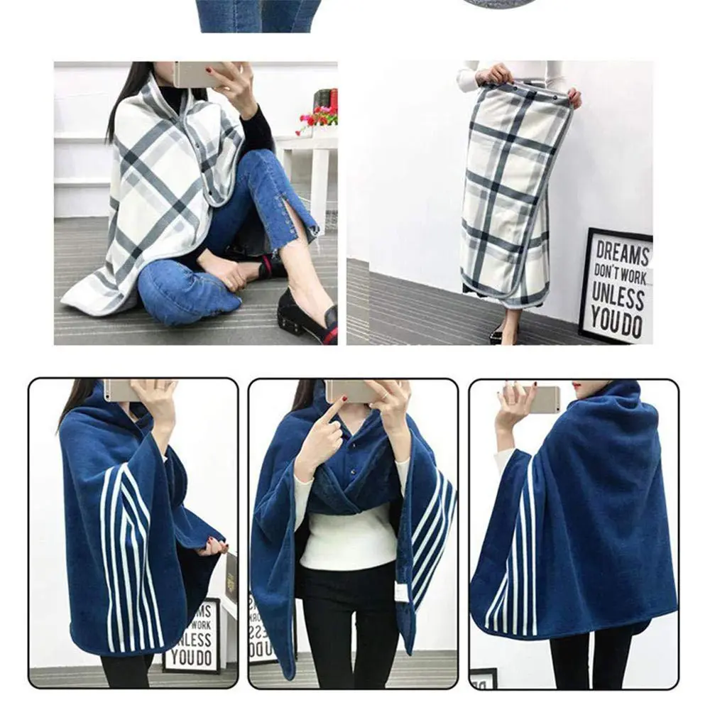 Thick Plaid Blanket Warm Winter Wearable Blanket Adults Office Travel Soft Fleece Throw Blankets With Button Home Shawl