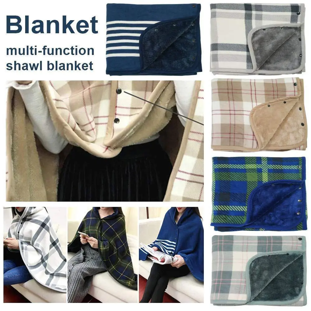 Thick Plaid Blanket Warm Winter Wearable Blanket Adults Office Travel Soft Fleece Throw Blankets With Button Home Shawl