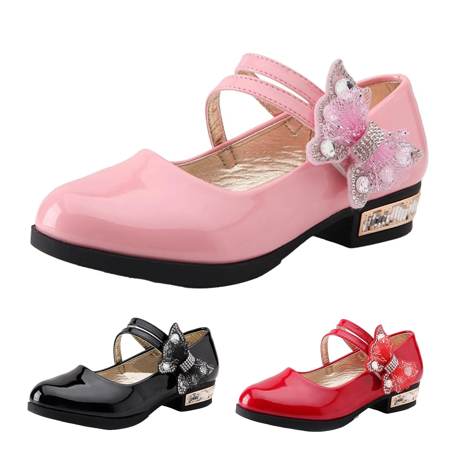 Girls Leather Shoes for Party Wedding Kids Performance Shoes with Butterfly-knot Fashion Children High Heels Rhinestone Shoes