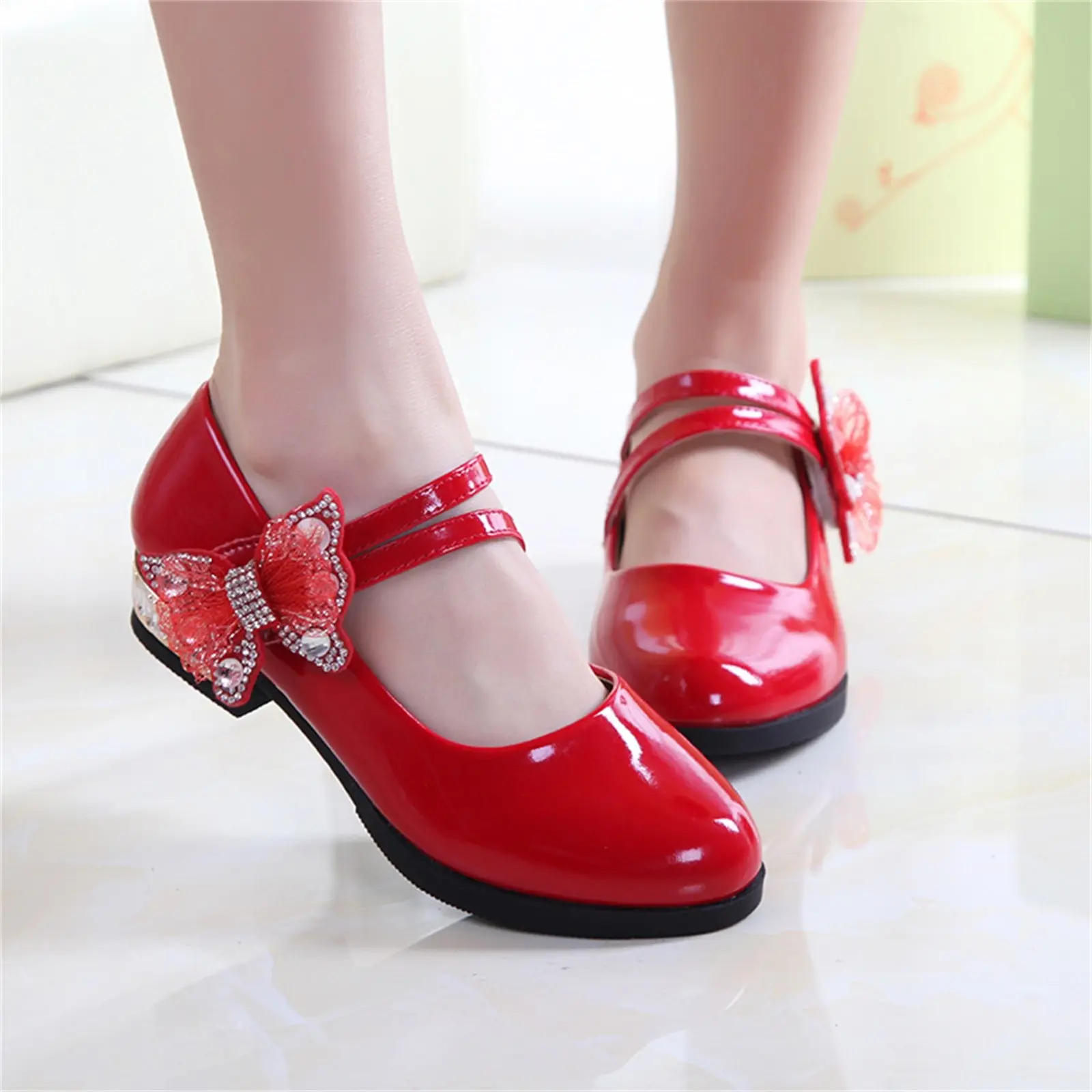 Girls Leather Shoes for Party Wedding Kids Performance Shoes with Butterfly-knot Fashion Children High Heels Rhinestone Shoes