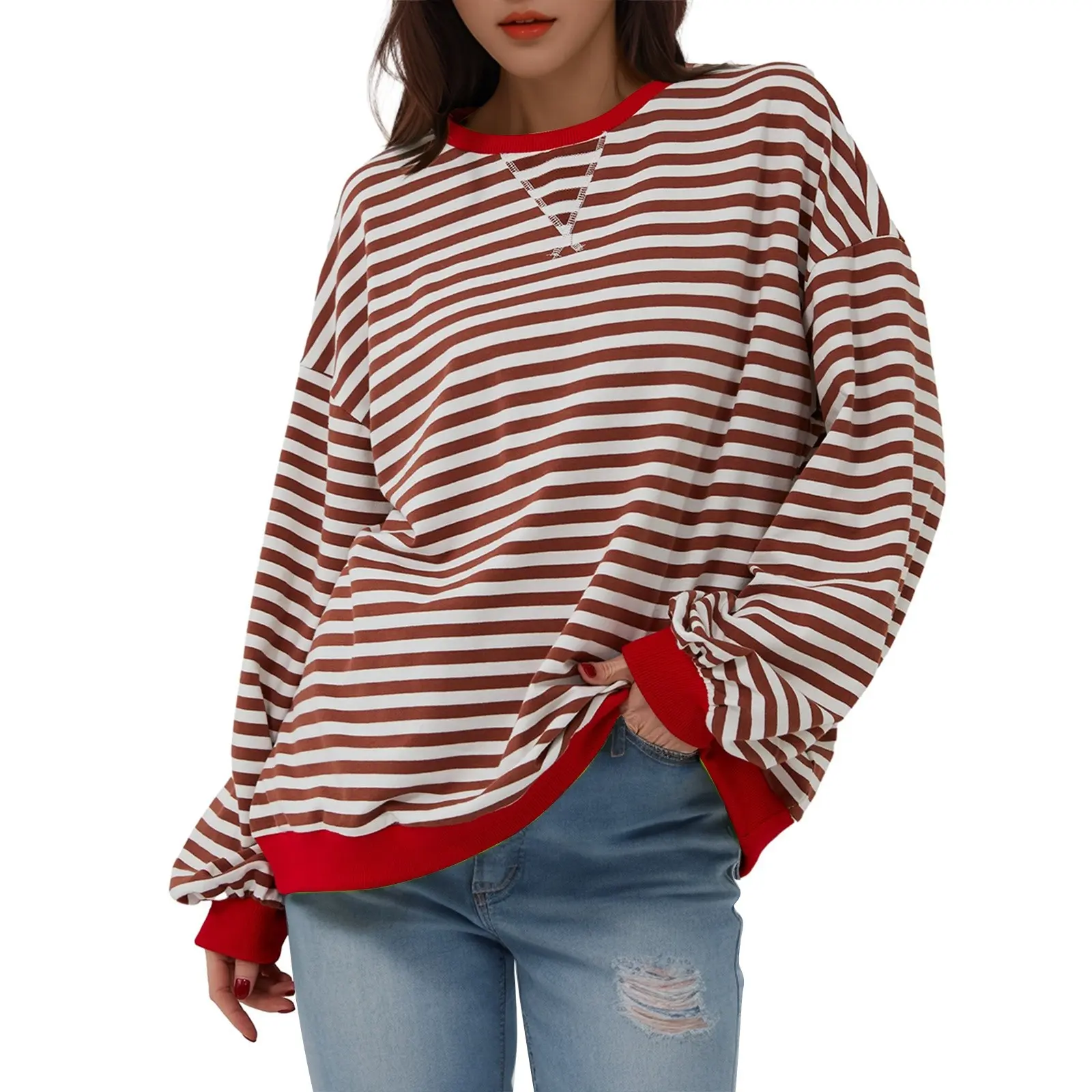 Korean Style Contrast Color Simple Striped T-shirt for Women 2024 Spring Long Sleeve Women's Oversize T-shirt Long Sleeve Tops