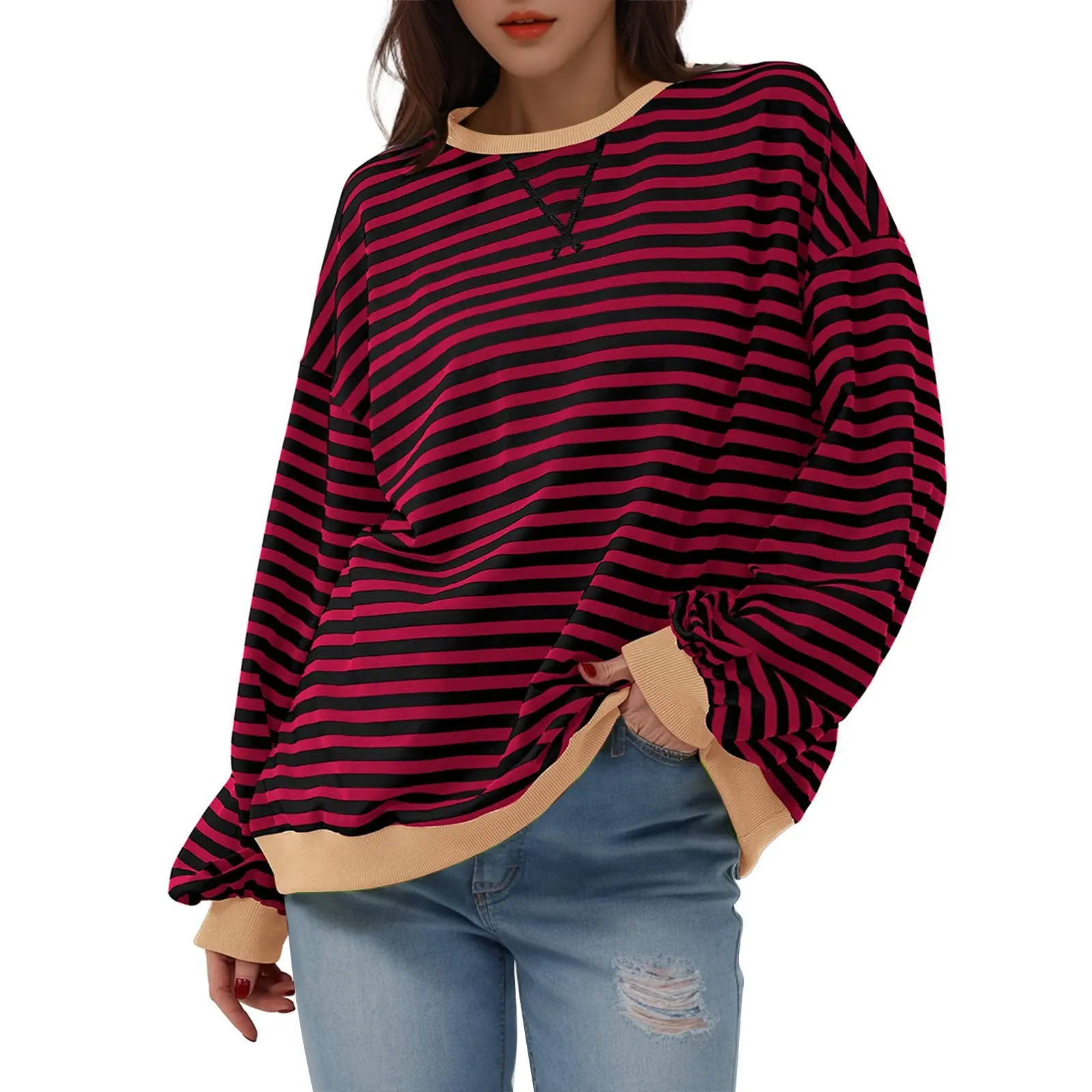 Korean Style Contrast Color Simple Striped T-shirt for Women 2024 Spring Long Sleeve Women's Oversize T-shirt Long Sleeve Tops