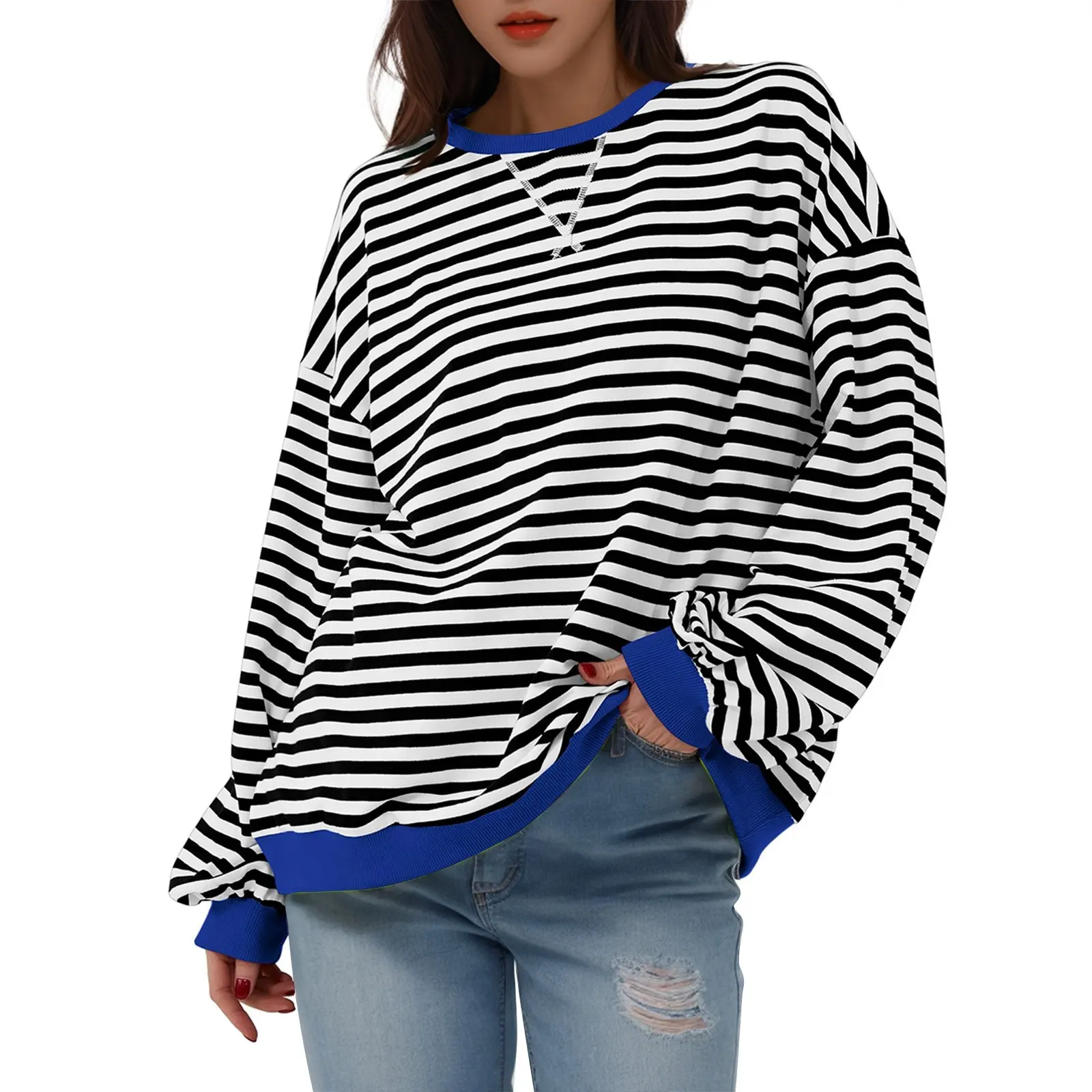 Korean Style Contrast Color Simple Striped T-shirt for Women 2024 Spring Long Sleeve Women's Oversize T-shirt Long Sleeve Tops