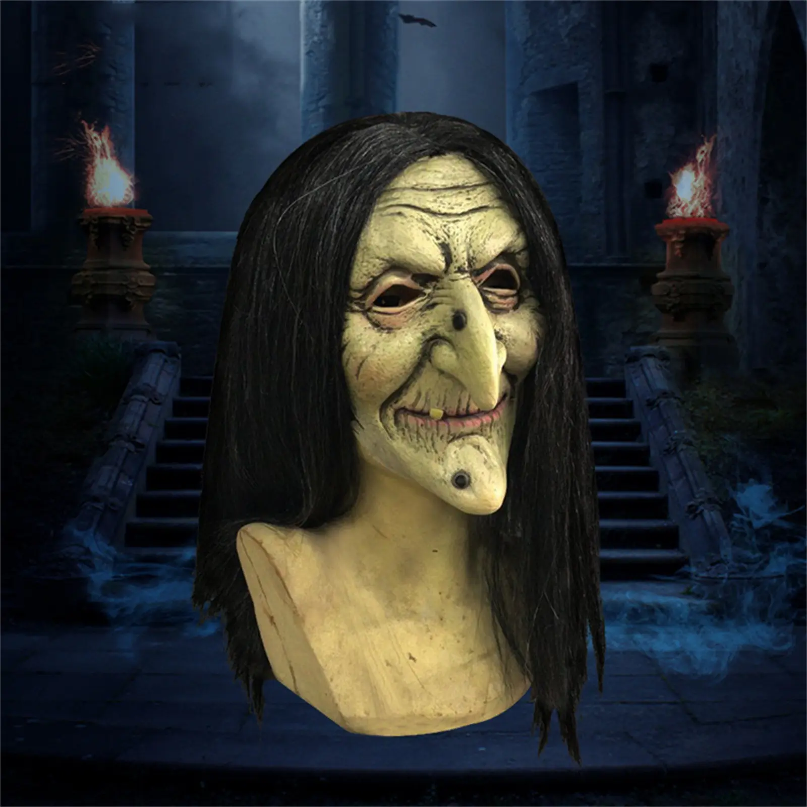 Scary Old Witch Mask Latex with Hair Halloween Fancy Dress Grimace Party Costume Cosplay Masks Props Adult One size
