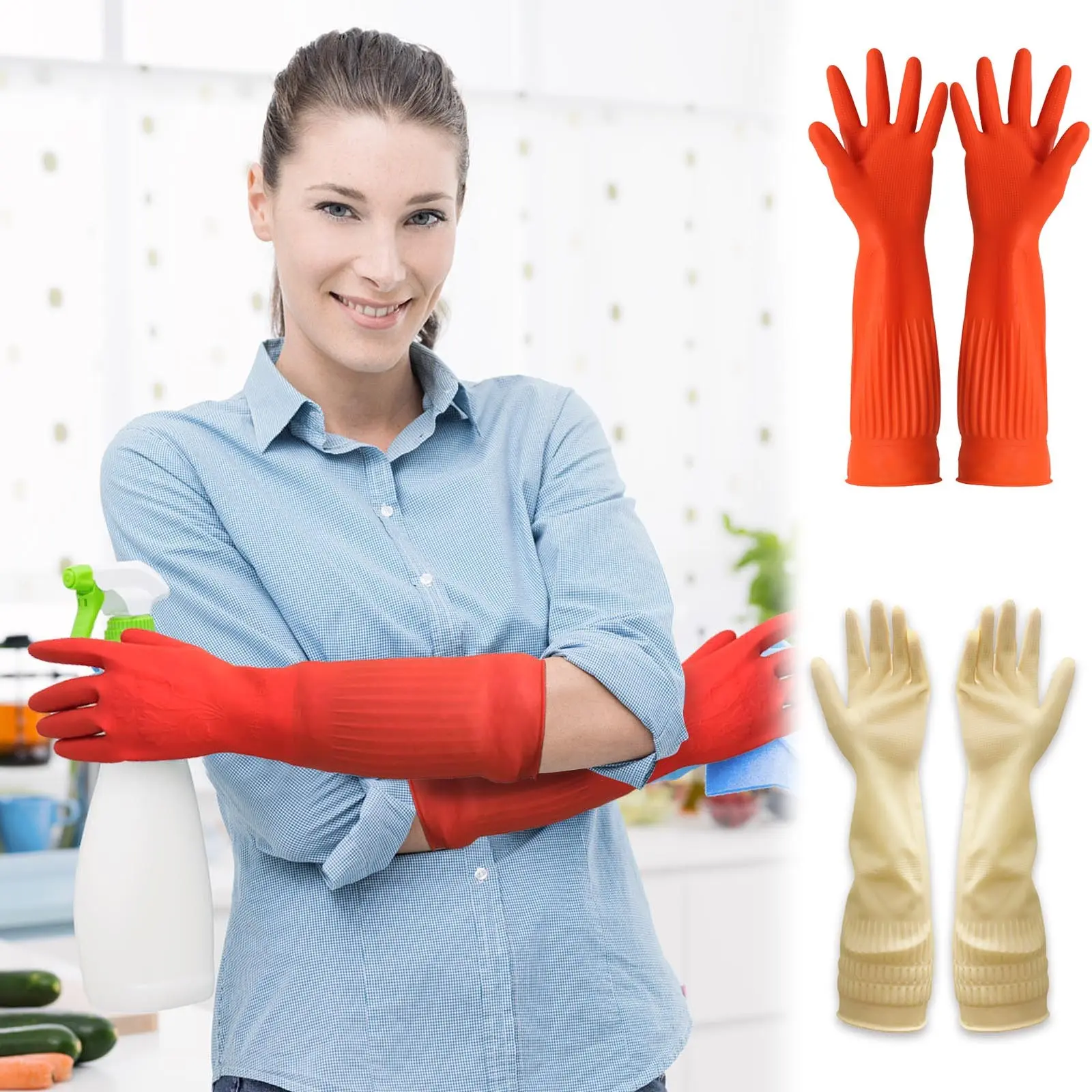 1pair Flexible Comfortable Rubber Clean Gloves Red Dish Washing Long Home Bathroom Cleaning Kitchen Accessories