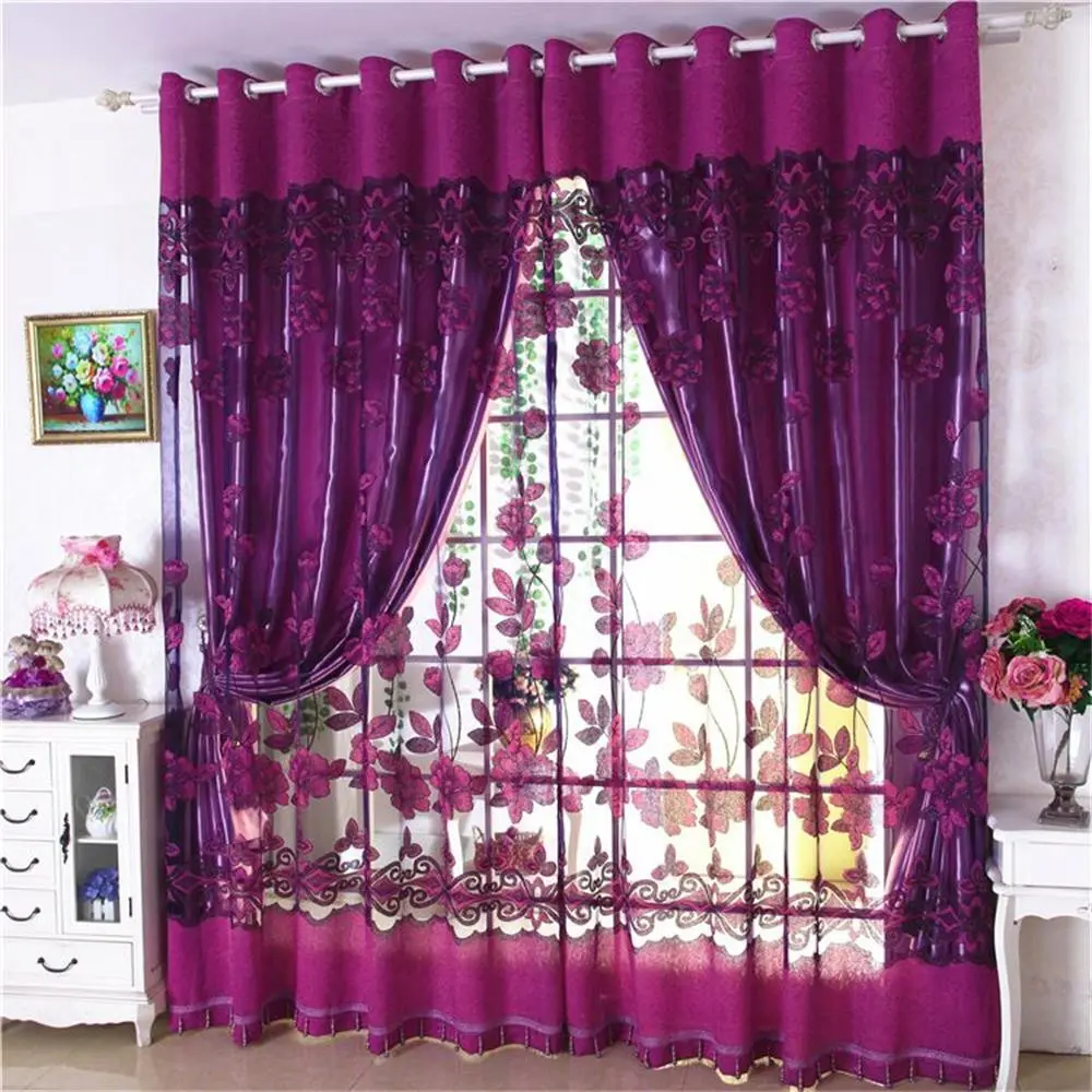 Red Flowers Planks Leaves Plant Tulle Sheer Curtains for Living Room Decoration Window Curtain for Bedroom Voile Organza Drapes