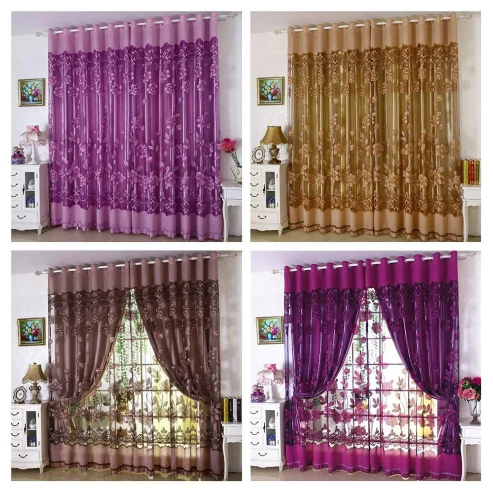 Red Flowers Planks Leaves Plant Tulle Sheer Curtains for Living Room Decoration Window Curtain for Bedroom Voile Organza Drapes