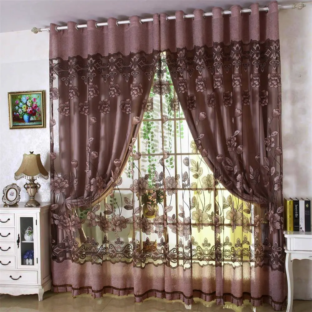 Red Flowers Planks Leaves Plant Tulle Sheer Curtains for Living Room Decoration Window Curtain for Bedroom Voile Organza Drapes