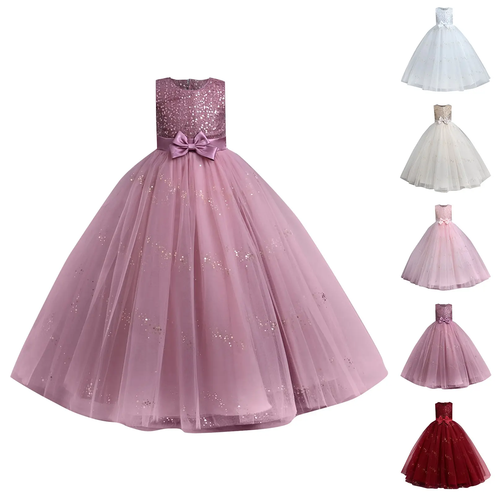 New Sequin Sleeveless Mesh Long Puffy Skirt for School Graduation Ceremony Dress Piano Competition Performance Dress
