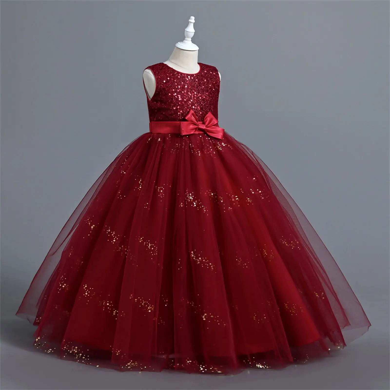 New Sequin Sleeveless Mesh Long Puffy Skirt for School Graduation Ceremony Dress Piano Competition Performance Dress