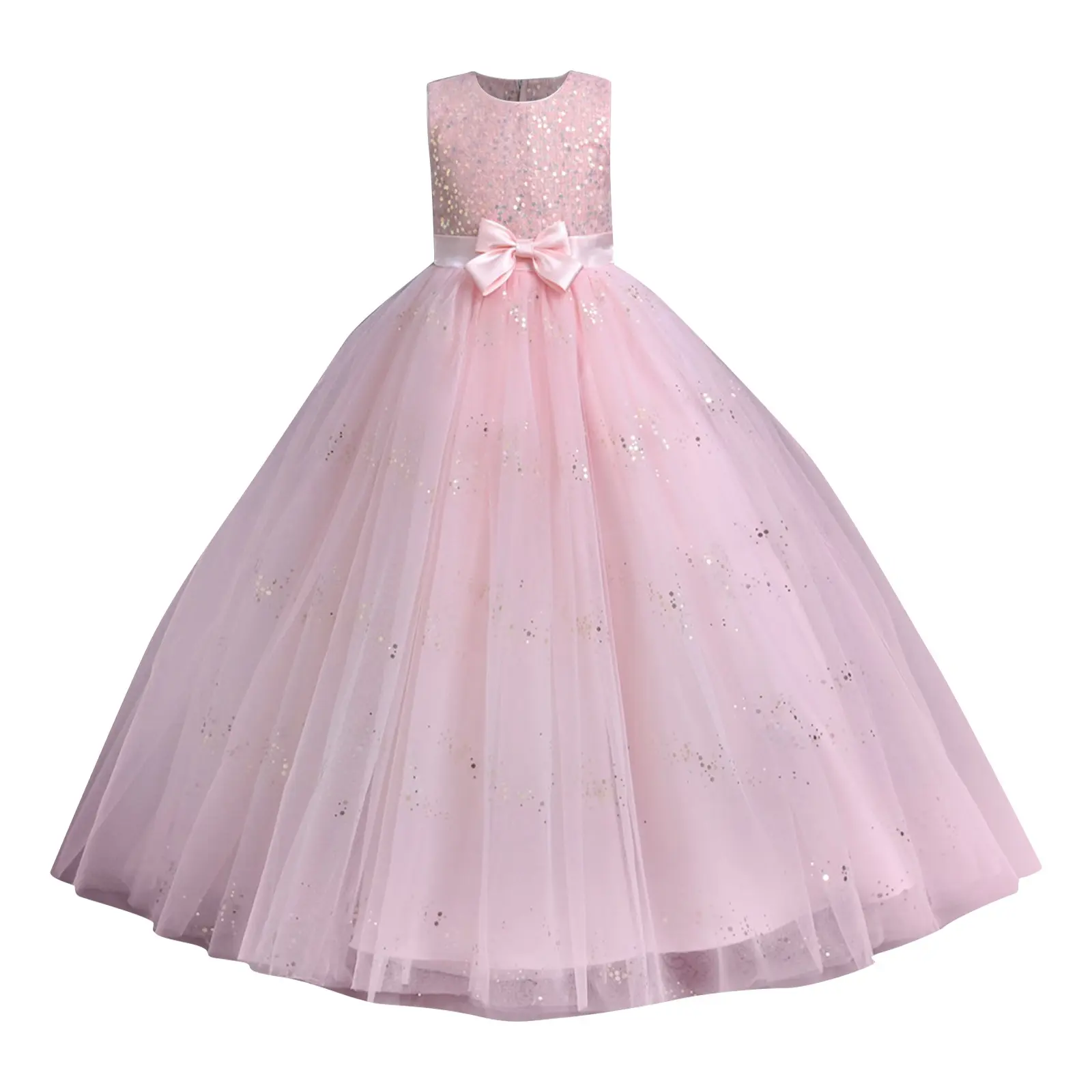 New Sequin Sleeveless Mesh Long Puffy Skirt for School Graduation Ceremony Dress Piano Competition Performance Dress