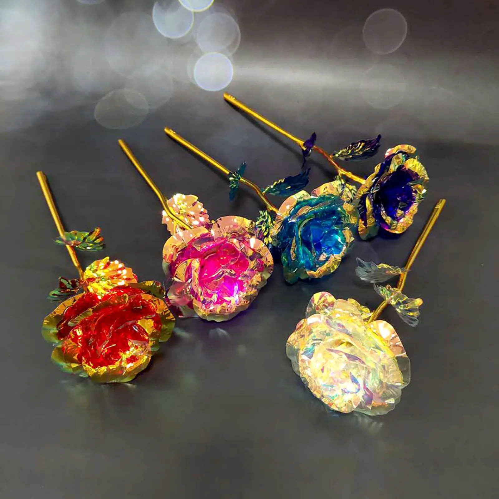 5pcs Colorful Luminous Rose Artificial Led Light Flower Gold Foil Rose Rainbow Simulation Bouquet Without Gift Colgifts For Girl