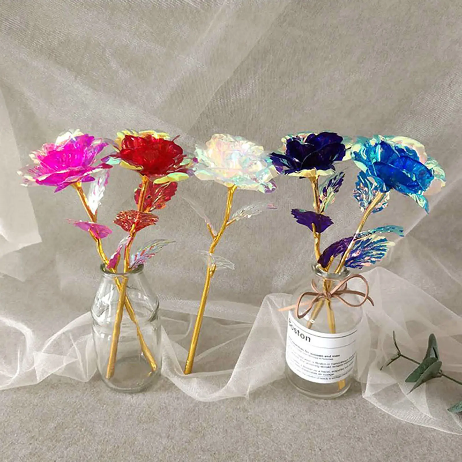 5pcs Colorful Luminous Rose Artificial Led Light Flower Gold Foil Rose Rainbow Simulation Bouquet Without Gift Colgifts For Girl