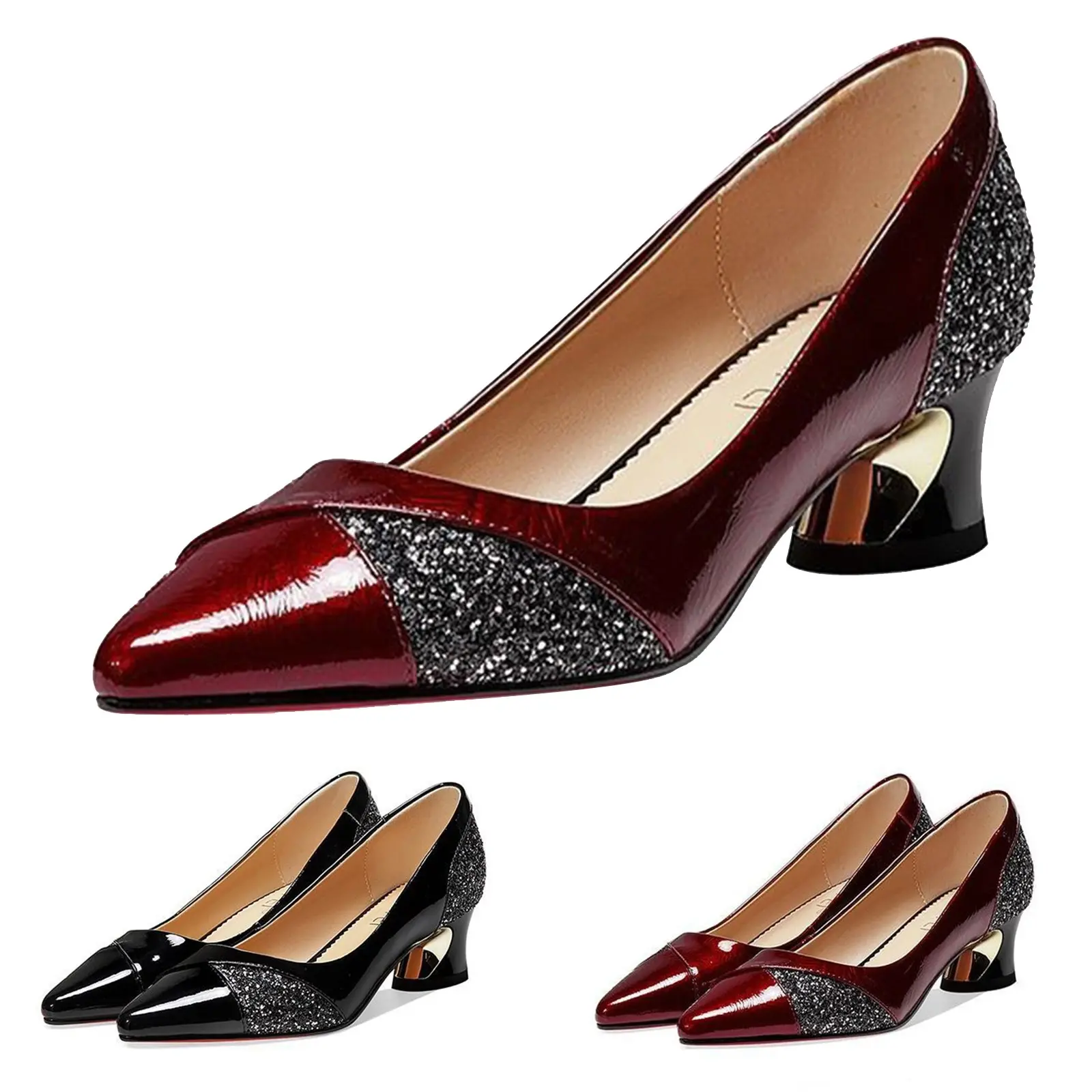 Fashion Women's High Heels Pumps 4CM Low-Heeled Elegant Ladies Wedding Shoes Sexy Red Pointed Toe Shallow Slip-On Party Shoes