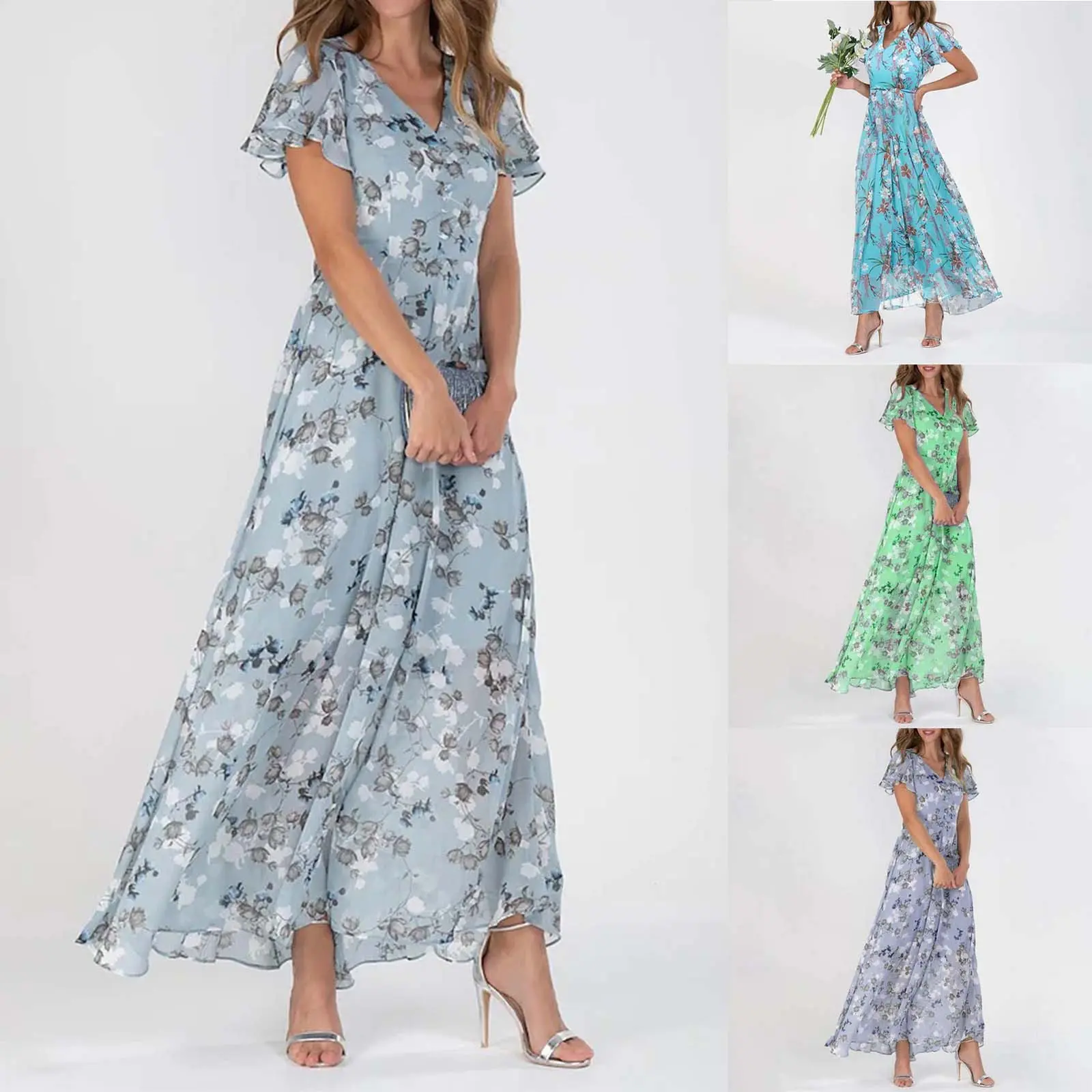 Chiffon Floral Dress Women 2024 Summer New short Sleeves French Vintage Stylish Elegant Long Dress Female Fashion Clothing