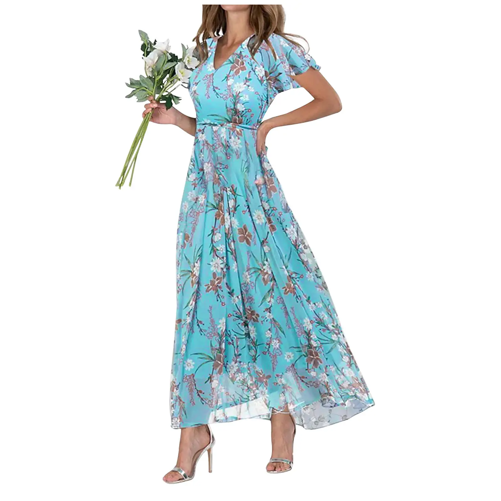 Chiffon Floral Dress Women 2024 Summer New short Sleeves French Vintage Stylish Elegant Long Dress Female Fashion Clothing